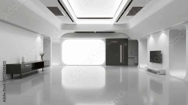 Fototapeta Modern minimalist white interior design with futuristic architecture featuring sleek furniture and contemporary living space with clean geometric lines