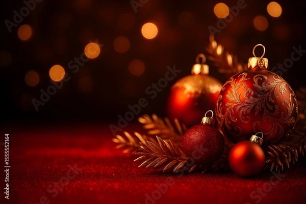 Fototapeta Elegant Red and Gold Christmas Ornaments on a Festive Background with Bokeh Lights