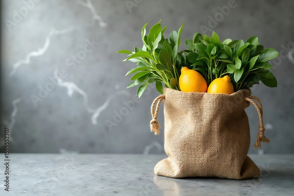 Fototapeta Jute bag with fresh lemons on polished granite counter, AI-generated