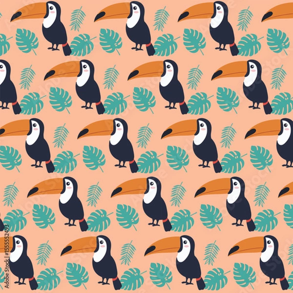 Fototapeta A repeating pattern of toucans and tropical leaves on a peach background.