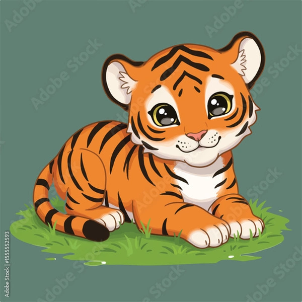 Fototapeta An adorable cartoon tiger cub rests peacefully in a patch of green grass.