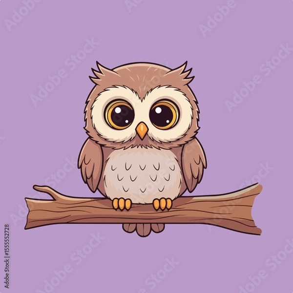 Fototapeta A cute cartoon owl with large eyes sits on a branch.