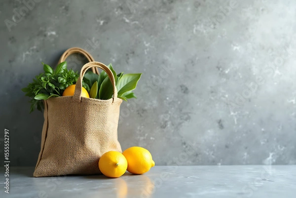 Fototapeta Rustic jute bag with lemons and greens on gray granite,E.shop. AI-generated