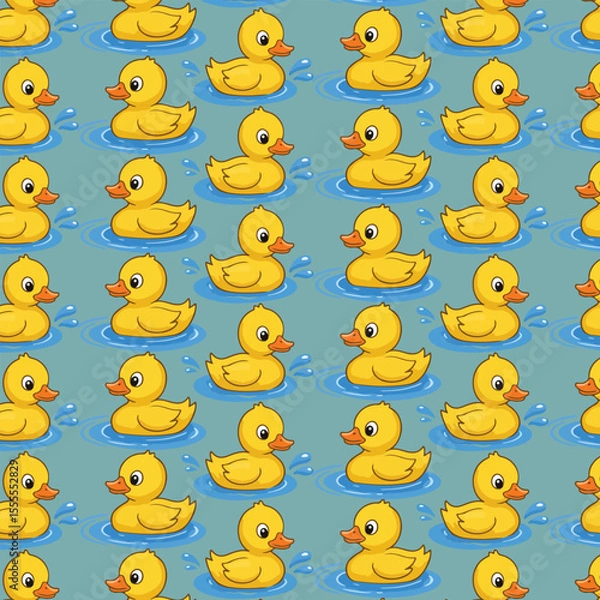 Fototapeta A repeating pattern of cute yellow rubber duckies floating in blue water.