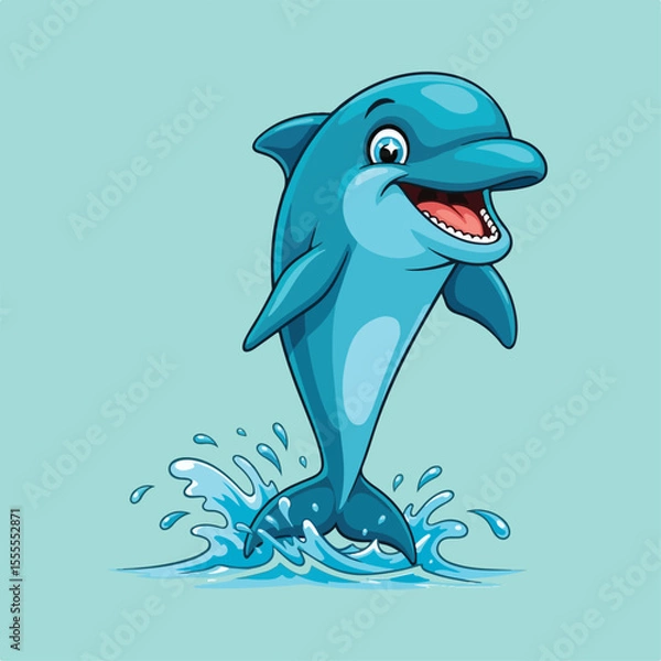 Fototapeta A cheerful cartoon dolphin leaps from the ocean, splashing water.