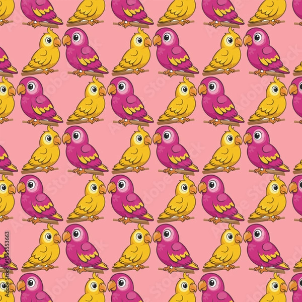 Fototapeta A seamless pattern of cute cartoon parrots in yellow and purple perched on branches.