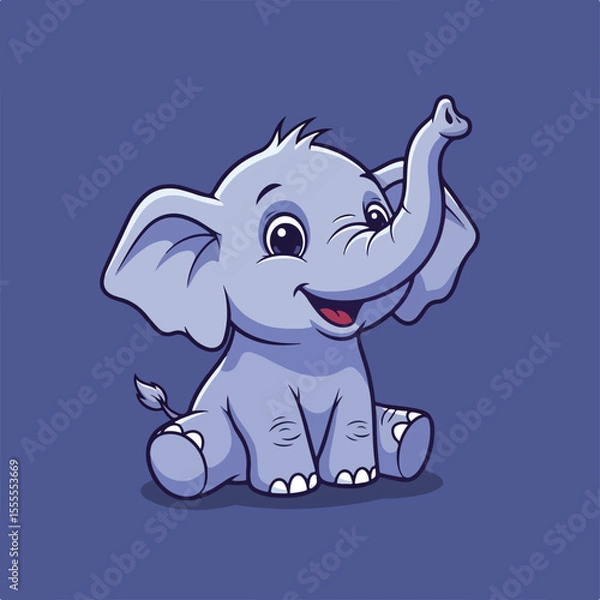 Fototapeta A cute cartoon baby elephant sits happily with its trunk raised.