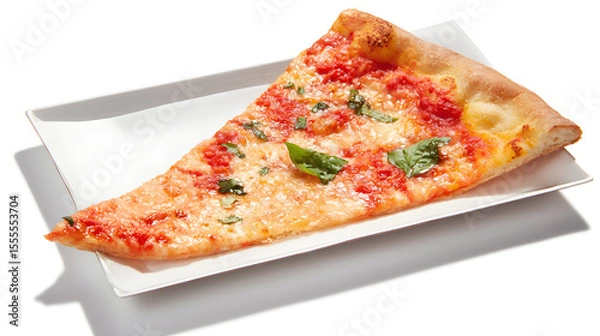 Fototapeta Large Thin Slice of New York Style Pizza on a White Plate with Fresh Basil Leaves and Cheese