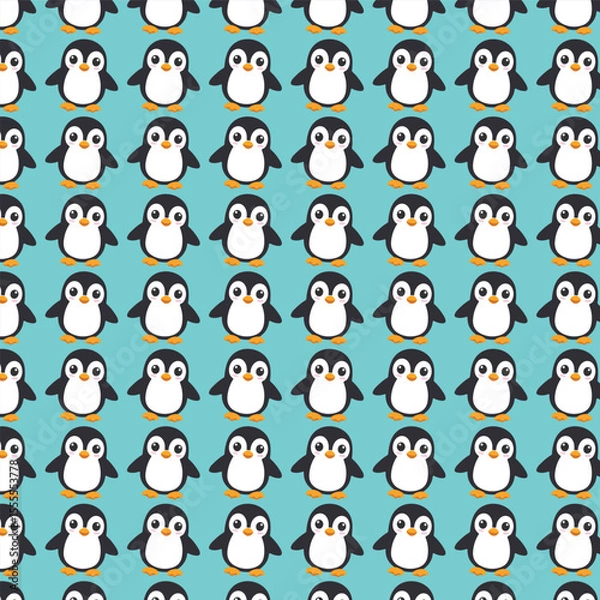Fototapeta A repeating pattern of cute cartoon penguins on a light teal background.
