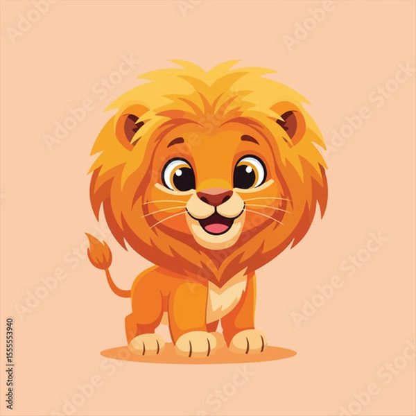 Fototapeta An adorable cartoon lion cub with a fluffy mane smiles playfully.
