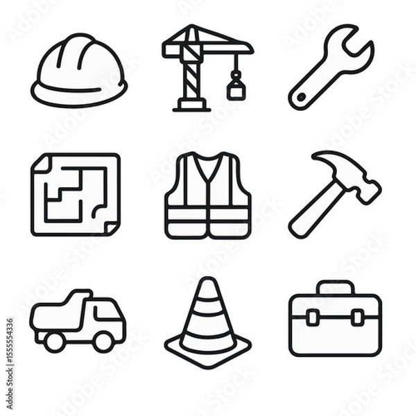 Fototapeta Nine black and white line icons related to construction and engineering.