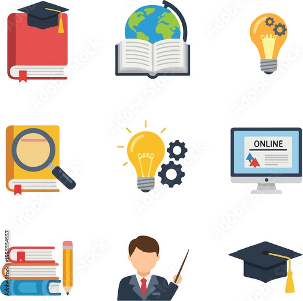Fototapeta Nine icons represent various aspects of online education, including books, a globe, a computer, and a lightbulb.