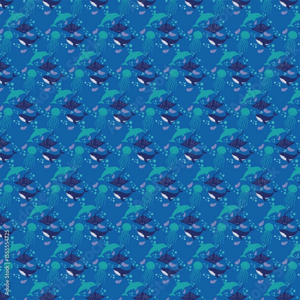 Fototapeta A vibrant, repeating pattern of ocean creatures including dolphins, whales, jellyfish, and stingrays on a blue background.