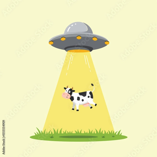 Fototapeta A UFO shines a light on a startled cow in a field.