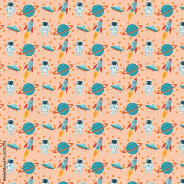 Fototapeta A repeating pattern of cute space-themed illustrations including astronauts, planets, rockets, and UFOs.