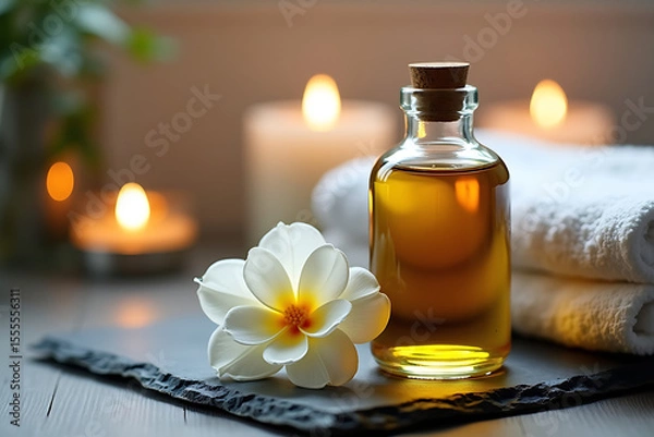 Fototapeta Spa setup with frosted serum, magnolia bloom, and linen towels, AI-generated
