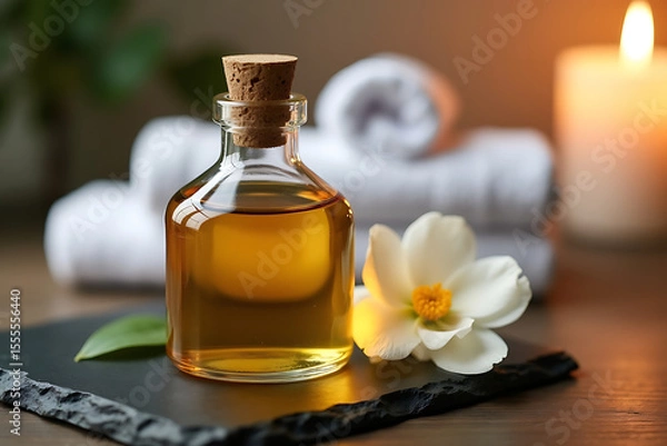 Fototapeta Frosted skin serum bottle with white magnolia and rolled linen towels, on granite, AI-generated