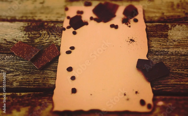 Fototapeta Craft old brown paper with burn marks and worn edges rests on a dark golden wooden table, hardwood. Copy space, free space for text. Mockup. Pieces of chocolate, coffee beans. Top view. Postcard