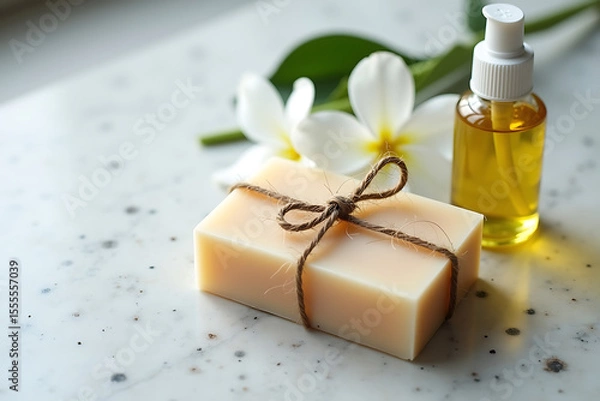 Fototapeta Handmade soap bar tied with twine, a white blossom, and skin oil bottle grouped together on a smooth, matte granite tabletop,  AI-generated
