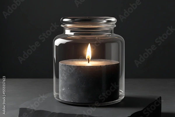 Fototapeta A handmade candle in a glass jar centered on a charcoal granite block, AI-generated