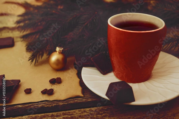 Fototapeta Christmas tree and decoration. Cup of aromatic coffee, Craft brown paper with burn marks and worn edges. Pieces of chocolate, sweet, coffee beans. Top view. Postcard. Greeting card, retro rustic style