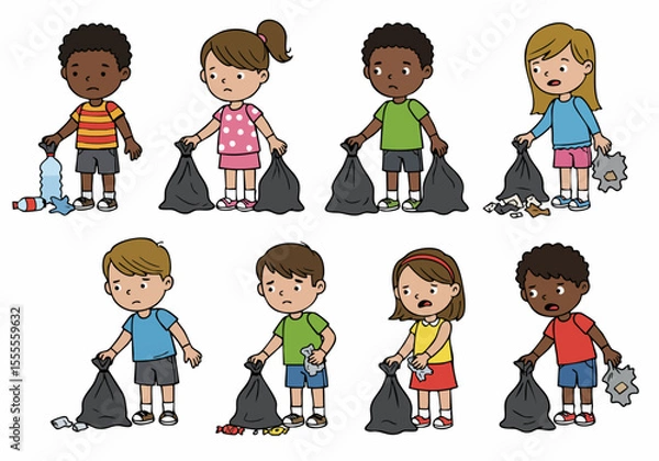 Obraz Diverse group of sad children holding trash bags, standing next to scattered litter, depicting environmental pollution and cleanup efforts with worried expressions on a white background.