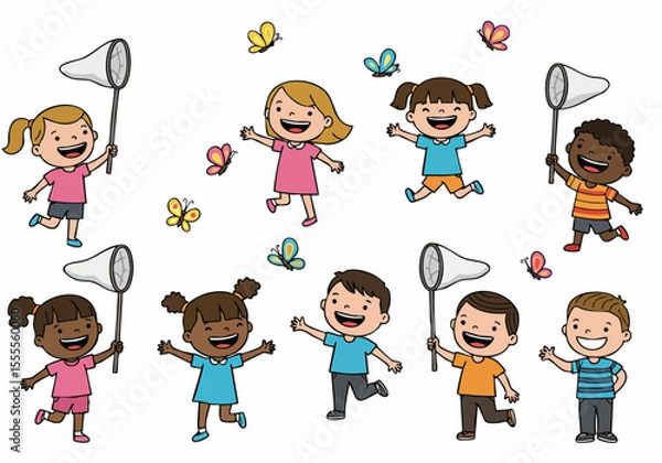Obraz Group of diverse happy children playing and catching butterflies outdoors with nets, illustration