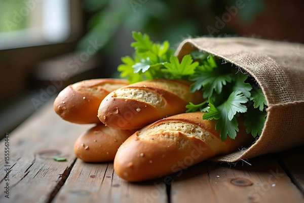 Fototapeta Crusty baguette and greens in jute bag on rustic wood table, AI-generated