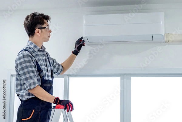 Obraz Asian man technician in uniform standing on the ladder maintaining the air conditioner indoor unit. House AC installation, maintenance, repair service concept
