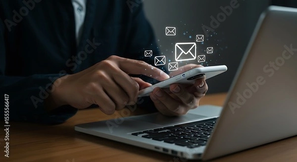 Fototapeta Close up hand touch smartphone with message or email alert sign icon pop up. It can use for Efficient Email Management Mobile & Laptop Integration for Seamless Communication phto concept