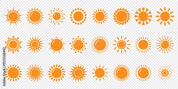 Obraz Simple sun icon set. Shine sun ray set. Sun icon set. Black sun star icons collection. Summer, sunlight, nature, sky. Vector illustration isolated on white background.