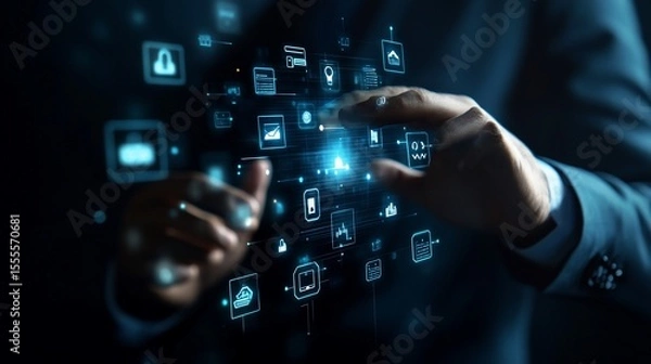 Fototapeta Businessperson interacts with digital application icons