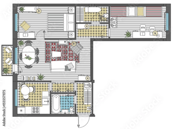 Obraz Three-room apartment in top view. Floor plan with furniture placement. The interior design project. Architectural plan of russian standard khrushchevka. Home with kitchen and bedroom. Vector