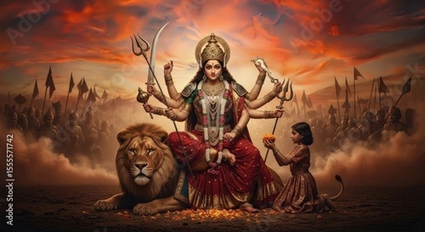 Fototapeta Ai generated image of powerful depiction of goddess durga on a lion, with a child and army
