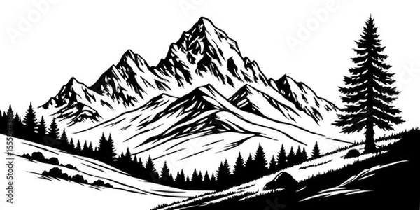 Fototapeta Mountain silhouettes overlook. Vector rocky hills terrain vector, mountains silhouette set isolated on white background for landscape design