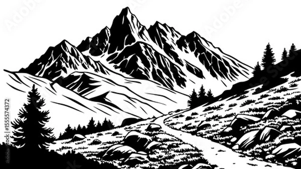 Fototapeta Mountain silhouettes overlook. Vector rocky hills terrain vector, mountains silhouette set isolated on white background for landscape design