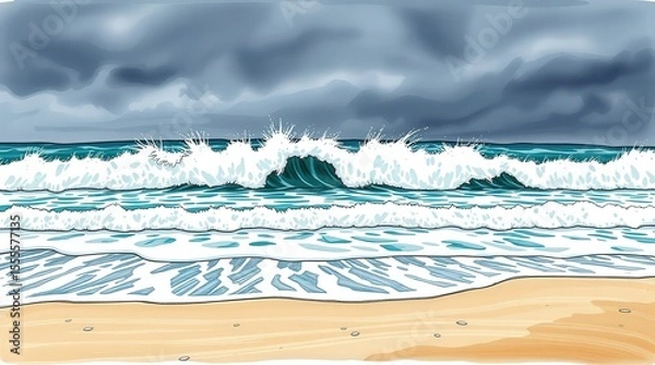 Fototapeta Hand Drawn Illustration of Ocean Waves Crashing onto Sandy Beach with Dark Stormy Clouds Above