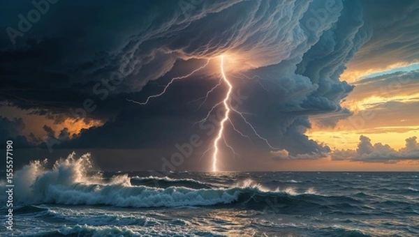 Fototapeta Dramatic Lightning Strike over Stormy Ocean Waves at Sunset with Dark Thunderclouds and Crashing Surf