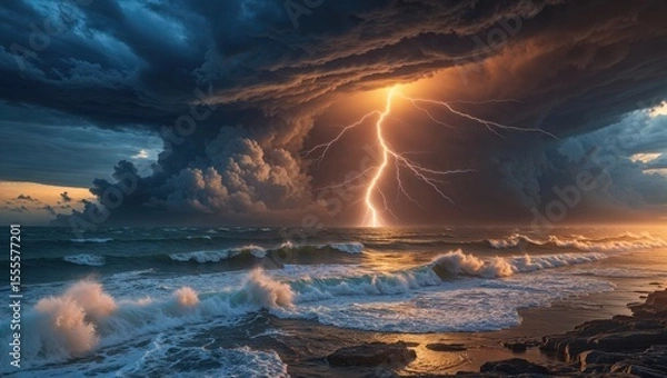 Fototapeta Intense Lightning Bolt Over Rough Ocean Waves at Sunset with Dramatic Storm Clouds and Rocky Shoreline