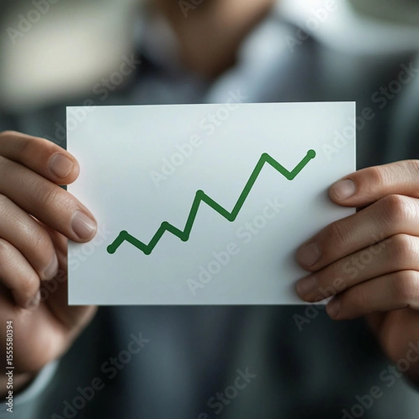 Fototapeta business growth line chart in green color on a wide white card in horizontal format held between to middle aged hands, POV camera perspective, ultra realistic, made with generative AI
