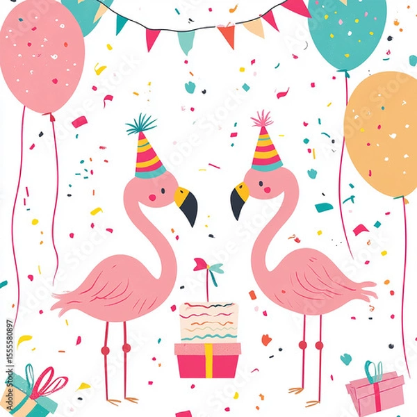 Fototapeta Birthday Flamingos Celebrating with Cake and Balloons made with generative AI