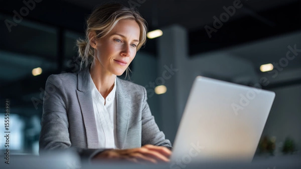 Fototapeta A focused professional woman in a gray business suit, sitting at a desk with a laptop in a modern corporate office, looking at the screen with a calm expression and soft lighting in the background