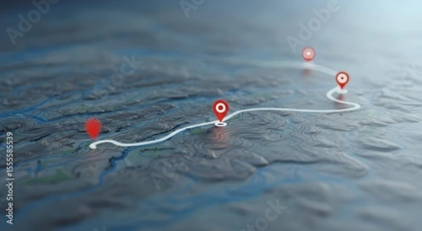 Fototapeta Stylized 3D route map with curved path and location pins for digital navigation and travel illustrations