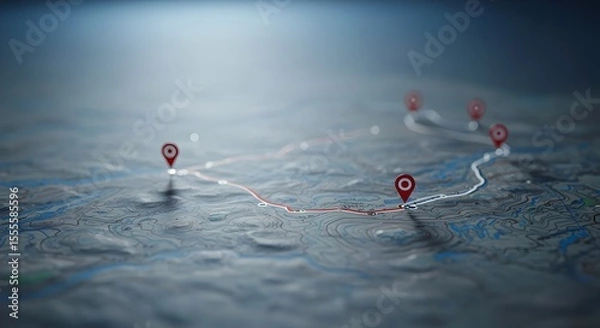 Fototapeta 3D navigation map with winding route and red location pins across topographic terrain, ideal for travel planning and GPS concept visuals