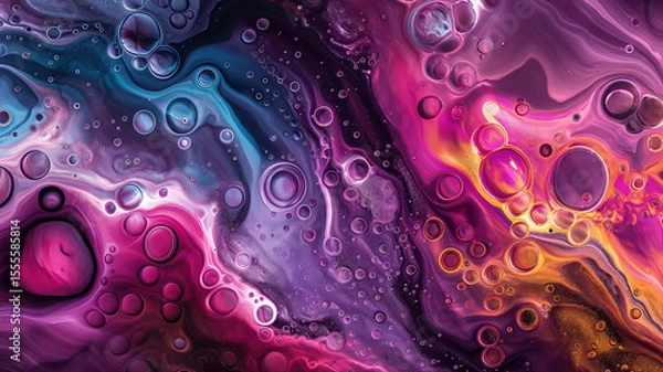 Fototapeta Vibrant abstract liquid swirl with vivid colors and floating bubbles in purple, pink, and orange tones, creating mesmerizing visual experience. Colorful background concept.
