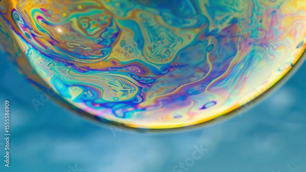 Fototapeta Colorful soap bubble reflections with vibrant swirling patterns, iridescent colors against blue sky background, capturing natural light and textures. Abstract surface concept.