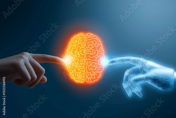 Fototapeta Human and robotic hands reaching to connect, symbolizing the fusion of artificial intelligence and human cognition.
