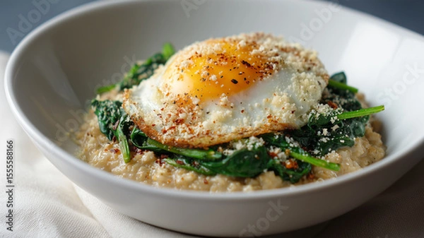 Fototapeta A bowl of savory oatmeal topped with sautéed spinach and a fried egg, with a sprinkle of grated parmesan cheese