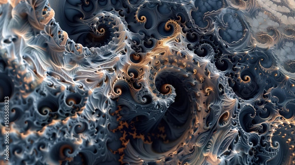Fototapeta Ultra-clear, intricate fractal pattern with swirling spirals and branching structures, highlighted by luminous gold and dark tones. Abstract background concept.