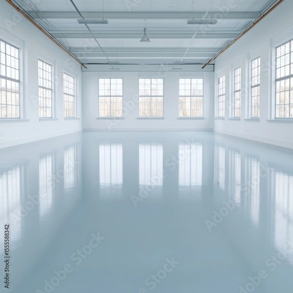 Fototapeta Bright and Spacious Minimalist Room with Reflection on the Smooth Floor and Natural Light